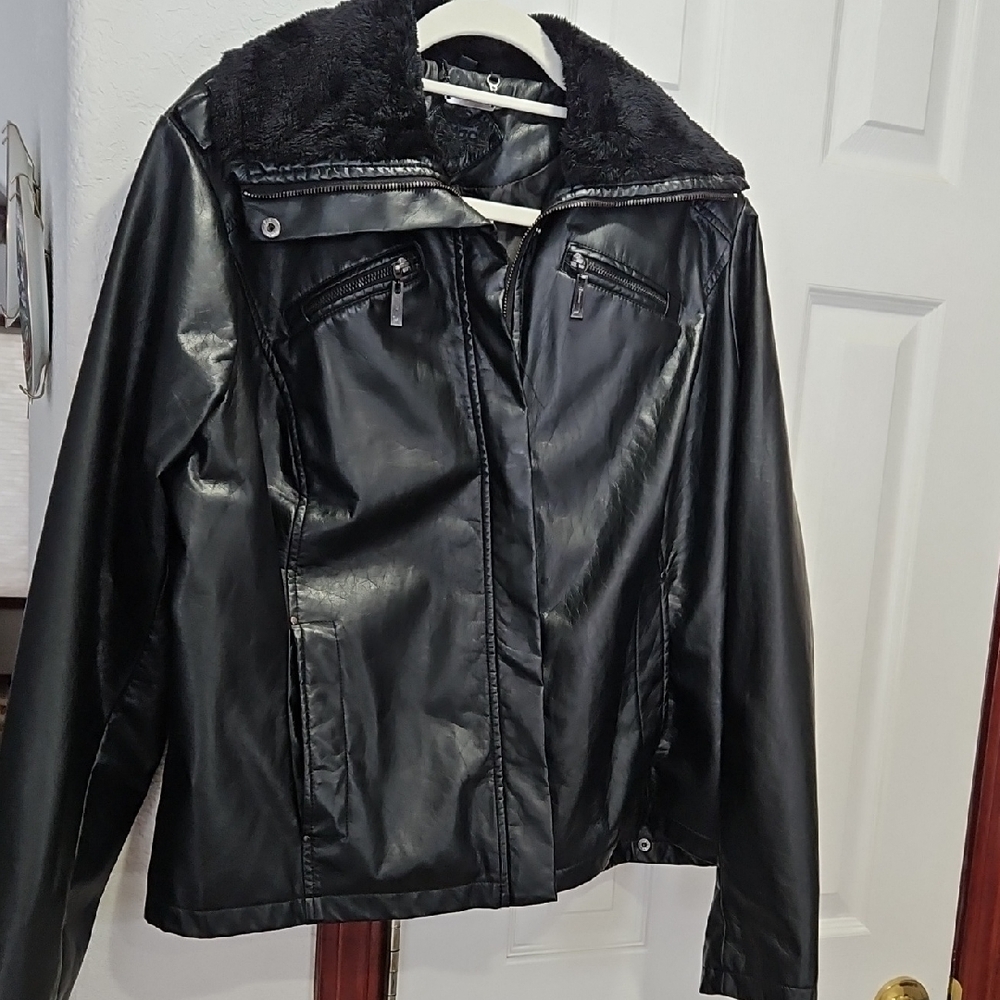 Jou Jou1 X Classic Black Faux Leather Jacket with Sherpa Collar